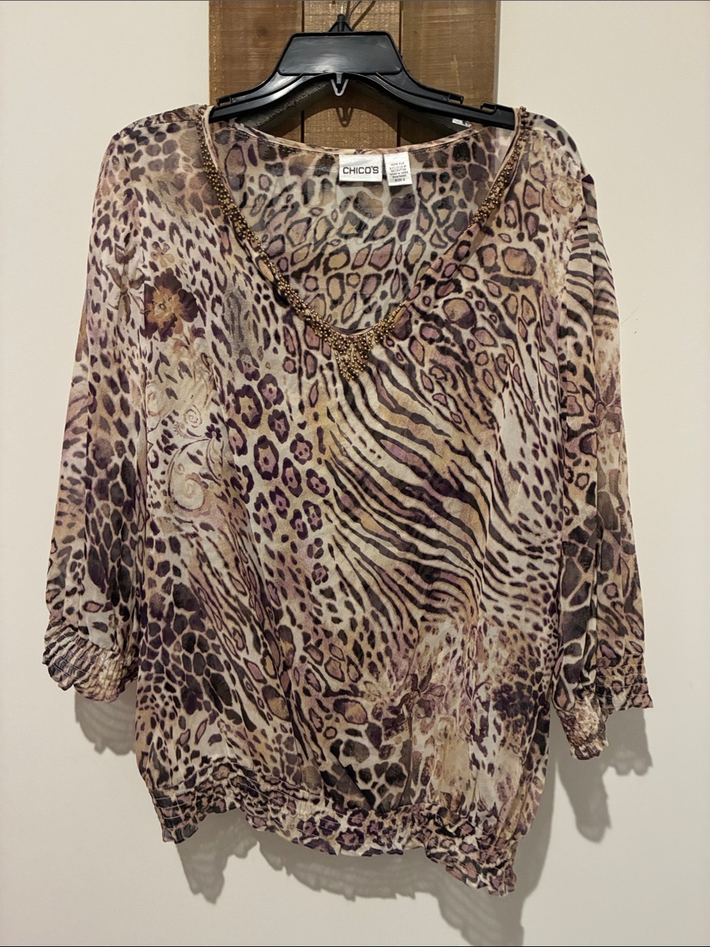 Chico's Beige, Brown and Taupe Animal Print Beaded V-Neck Blouse